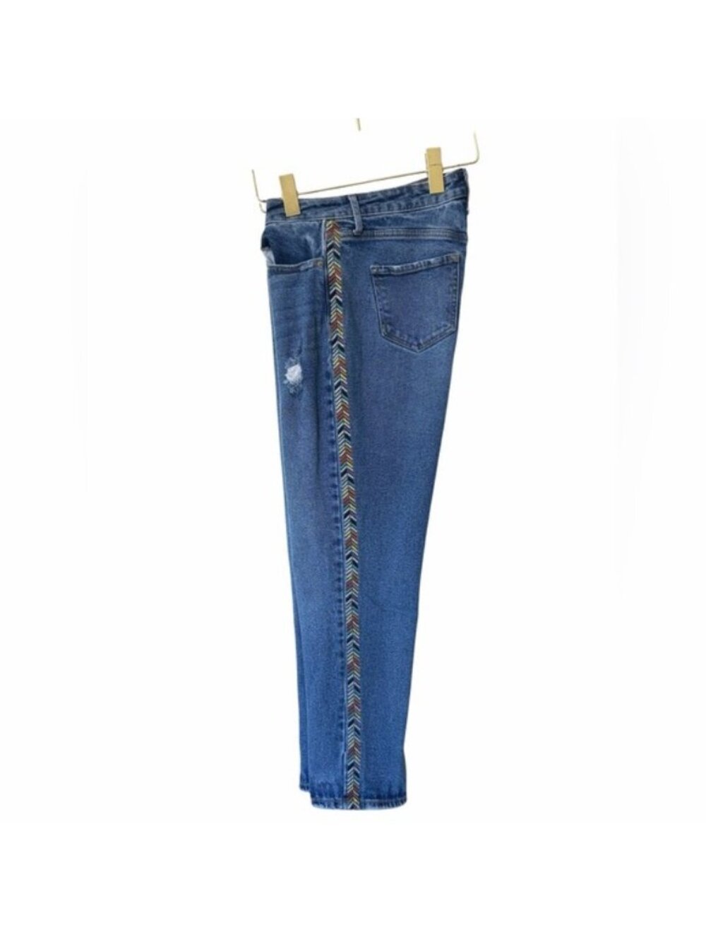 Blue Denim Jeans With Side Embroidery & Distressed Details Straight-Leg Pants